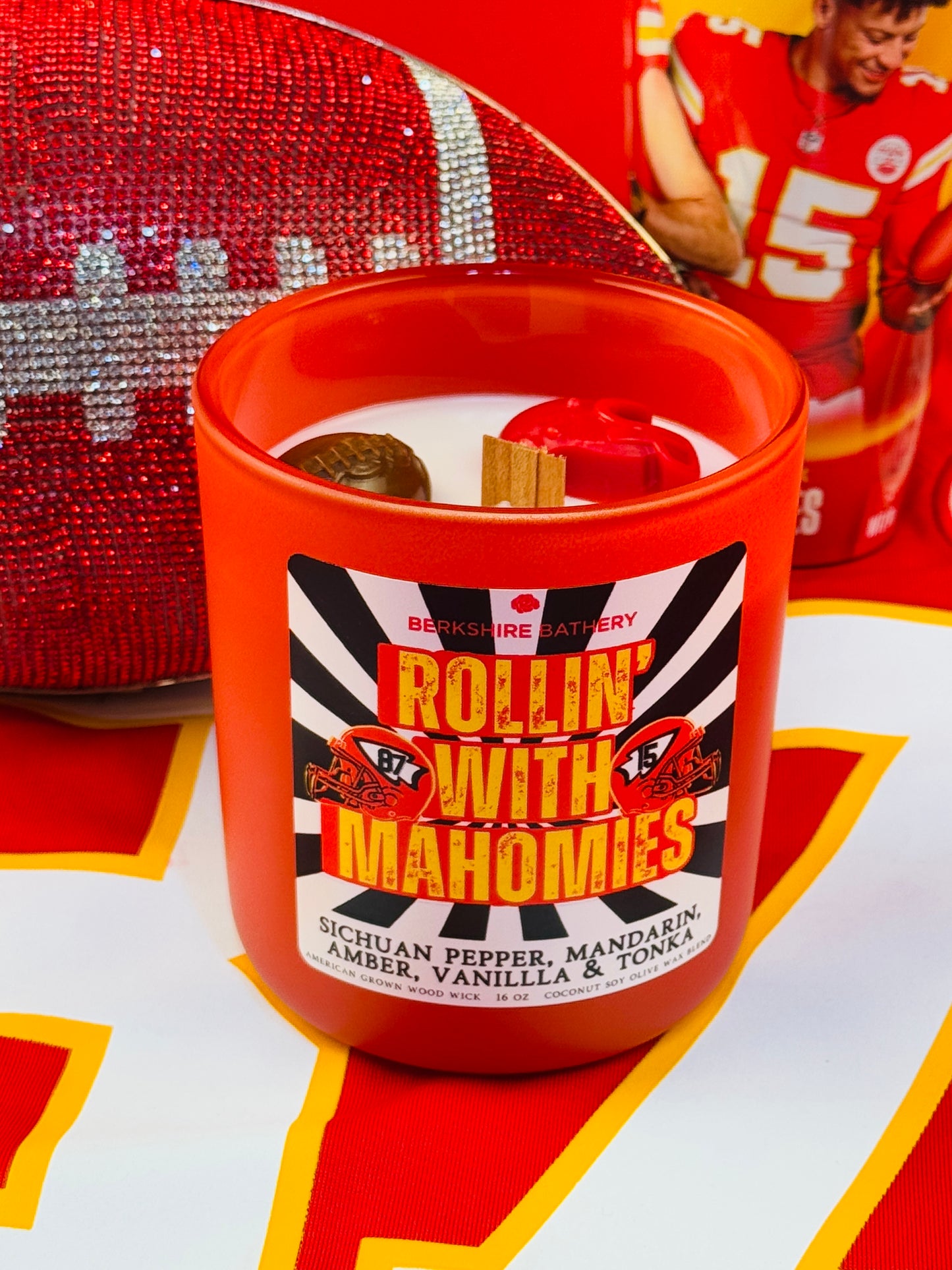 Kansas City Chiefs candle wood wick candle nil chiefs candle Patrick mahomes candle travis kelce candle rolling with mahomies football candle football fan Kansas City Chiefs candle