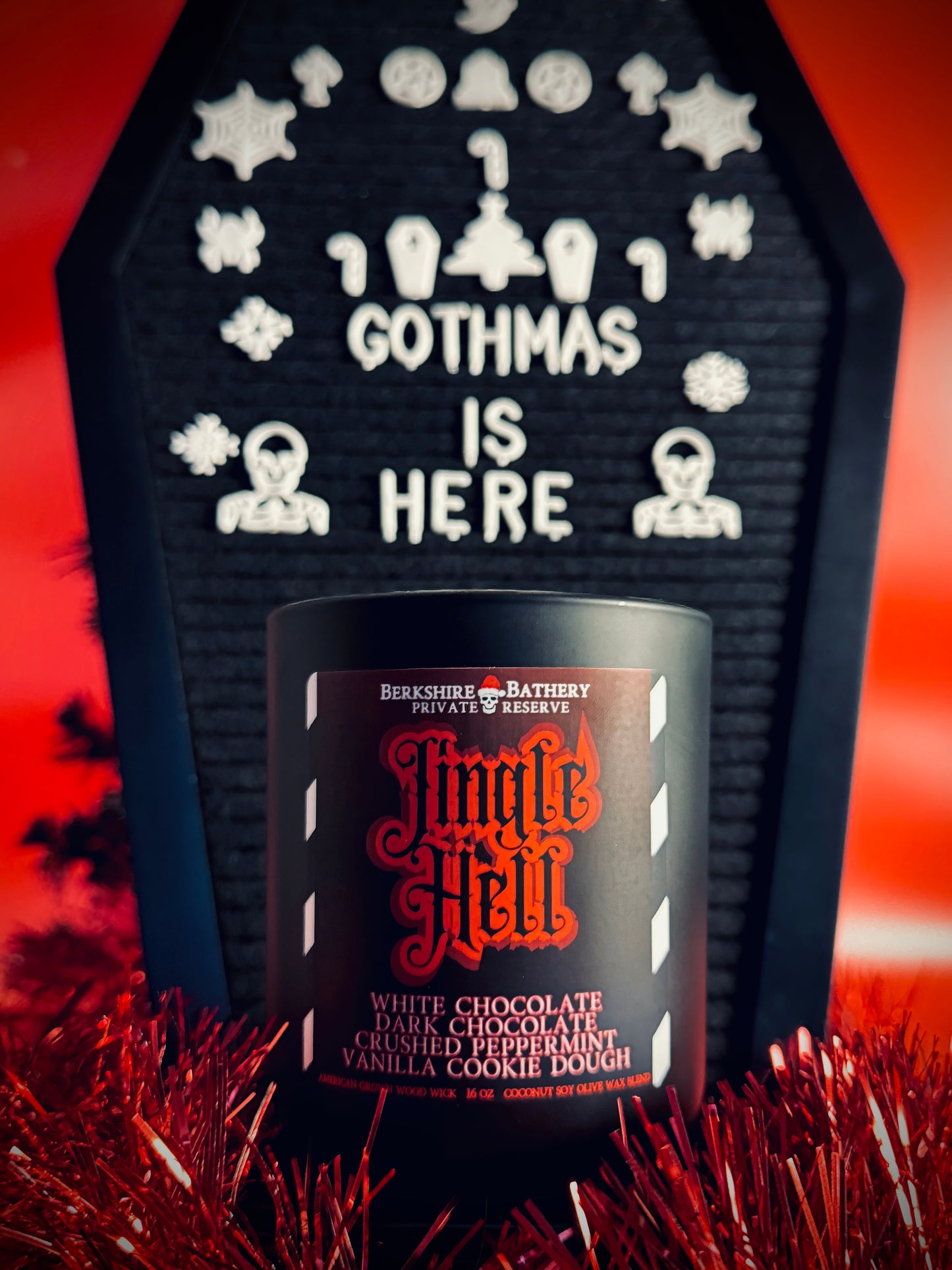 wood wick gothic black candle jingle hell goth spooky christmas dark holiday candy cane scented peppermint candle gothmas
