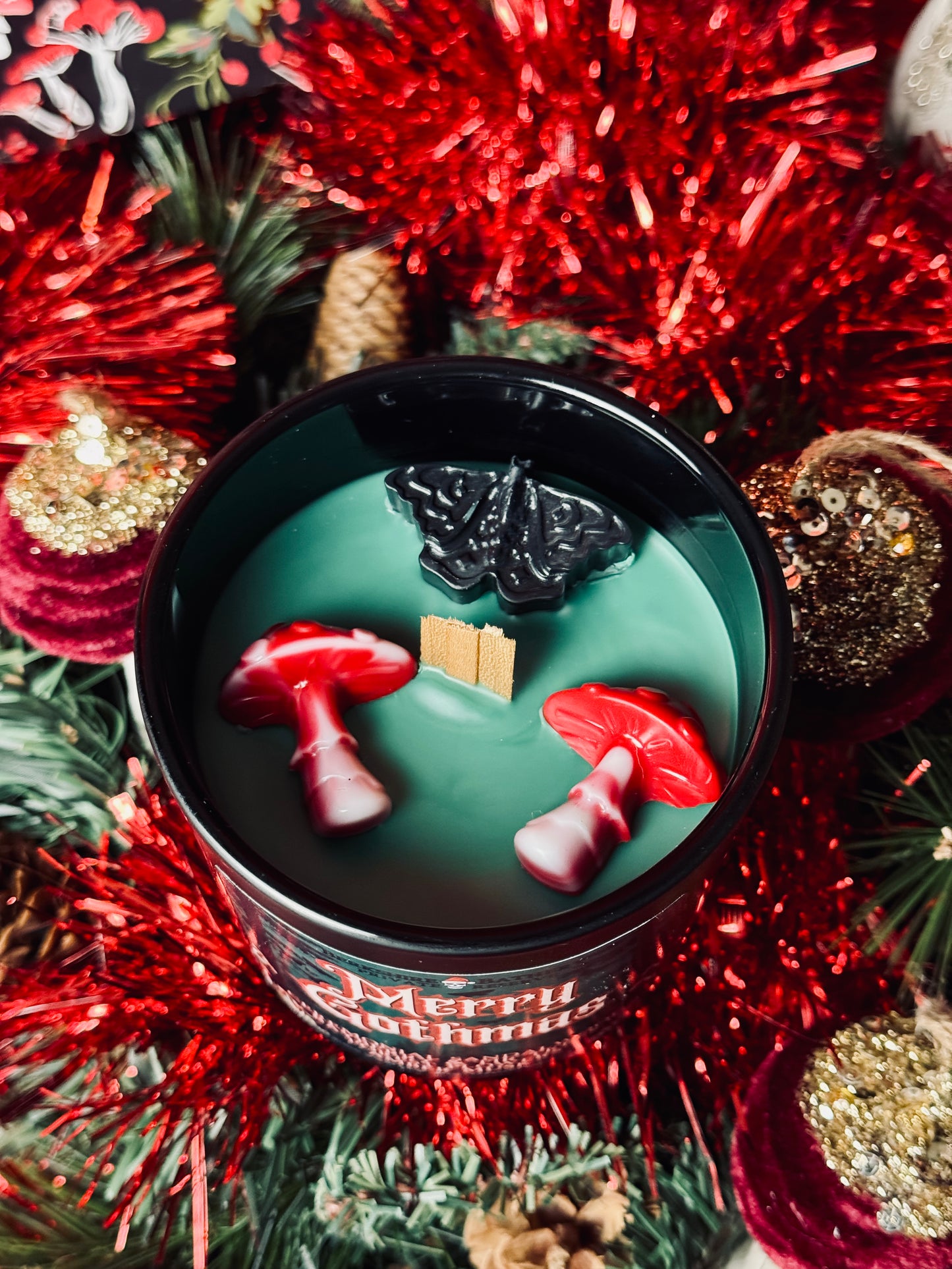 merry gothmas gothic goth christmas spooky christmas dark holiday candle wood wick mushrooms red mushrooms