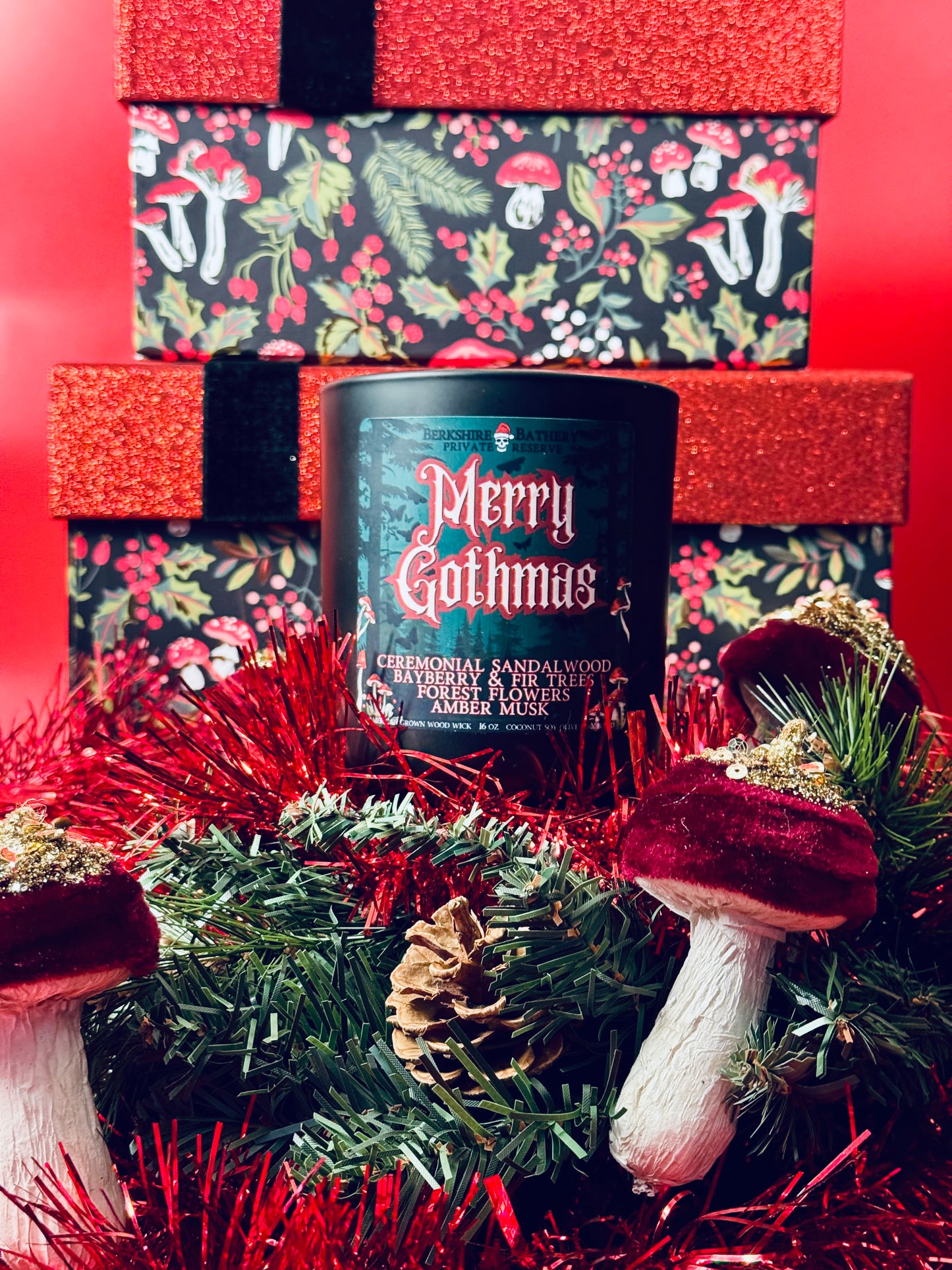 merry gothmas gothic goth christmas spooky christmas dark holiday candle wood wick mushrooms red mushrooms