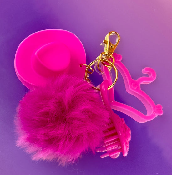 HOT PINK Doll Keychain Charm | Puff + Cowboy Hat + Doll Brush + Doll Hanger