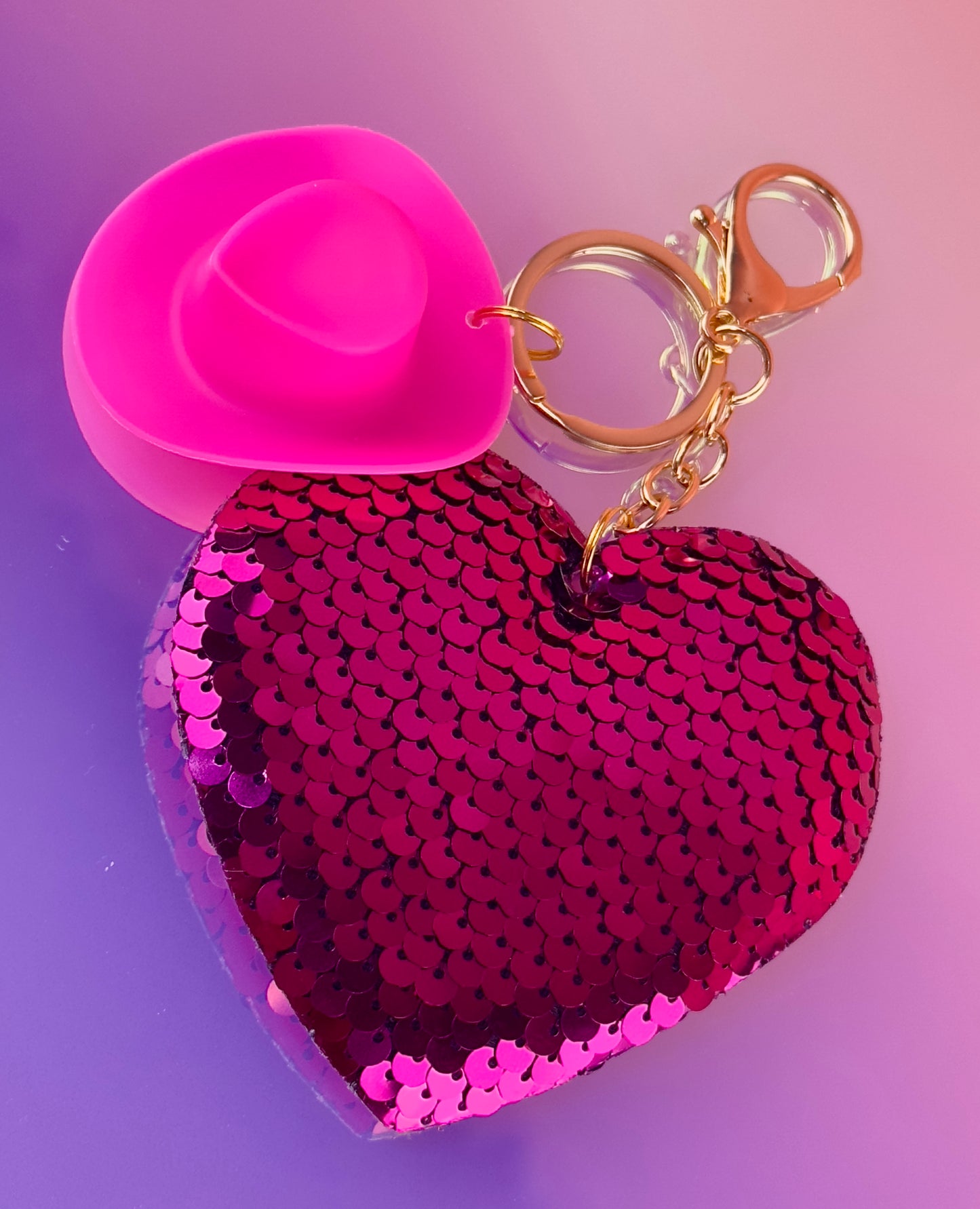 Load image into Gallery viewer, SWEETHEART | Pink Sequin Heart + Pink Cowboy Hat Charm Keychain
