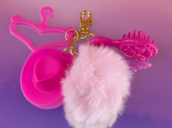 Load image into Gallery viewer, BABY PINK Doll Keychain Charm | Puff + Cowboy Hat + Doll Brush + Doll Hanger

