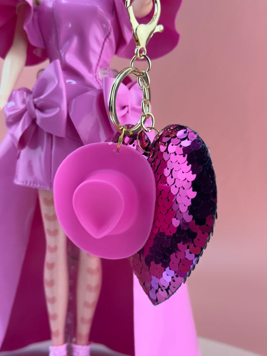 SWEETHEART | Pink Sequin Heart + Pink Cowboy Hat Charm Keychain