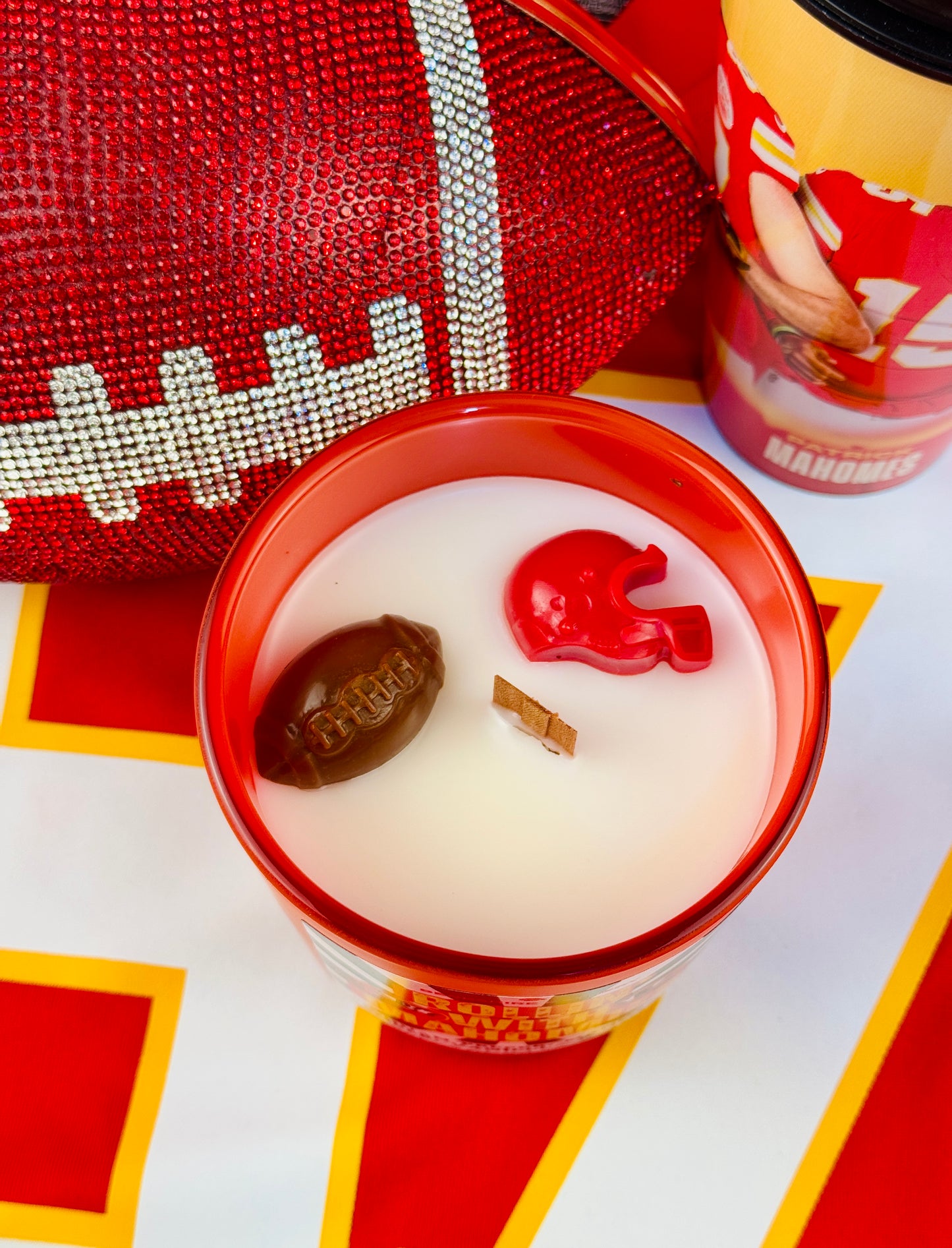 Kansas City Chiefs candle wood wick candle nil chiefs candle Patrick mahomes candle travis kelce candle rolling with mahomies football candle football fan Kansas City Chiefs candle 