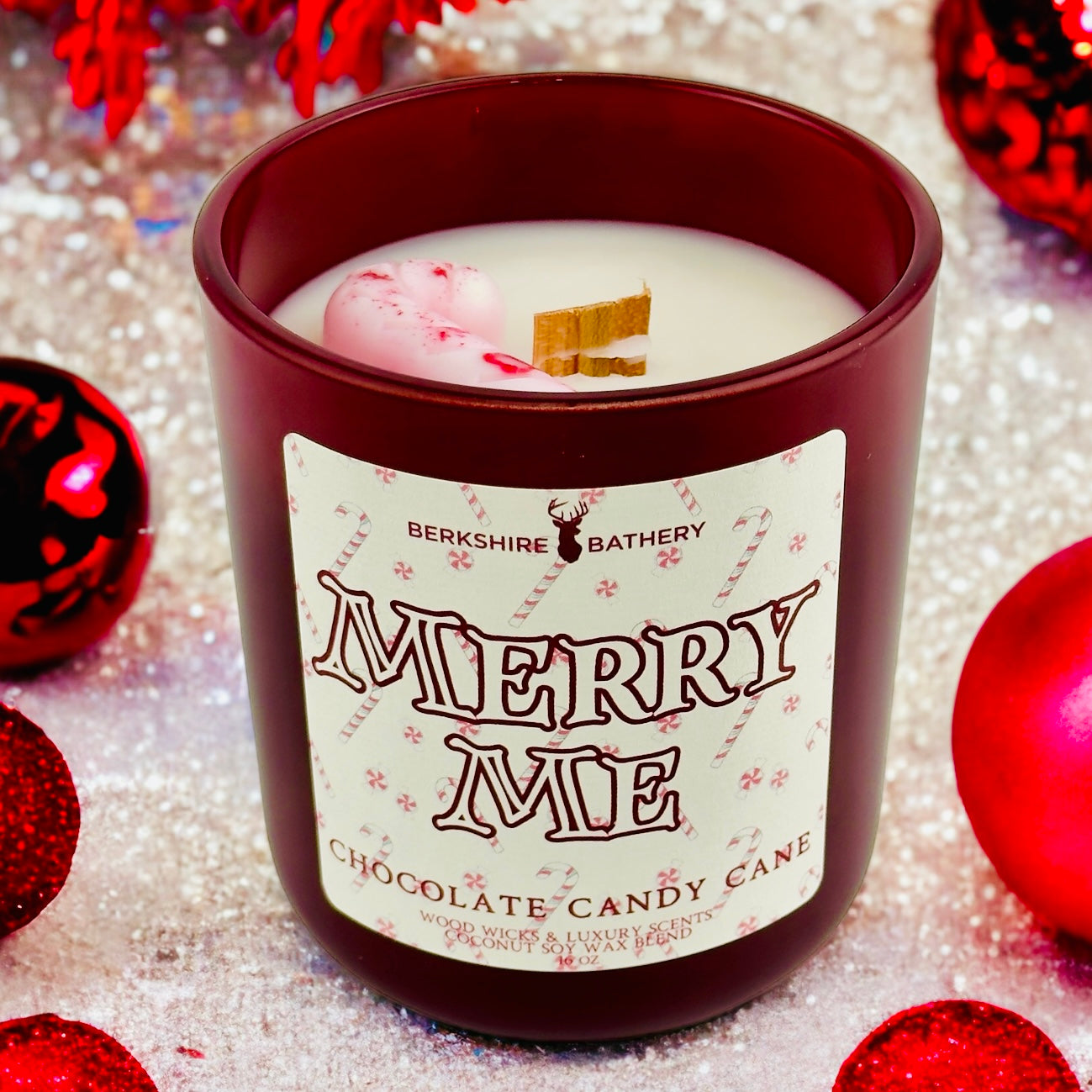 merry me Christmas pun candle crushed candy cane chocolate scented candle holiday wood wick