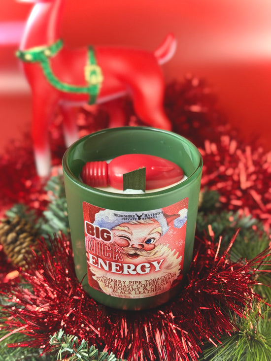 big nick energy christmas candle wood wick Santa Claus vintage dad joke pun funny joke candle christmas gift Santa Claus BDE