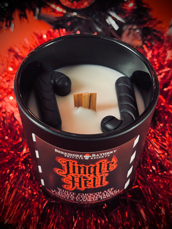 wood wick gothic black candle jingle hell goth spooky christmas dark holiday candy cane scented peppermint candle gothmas