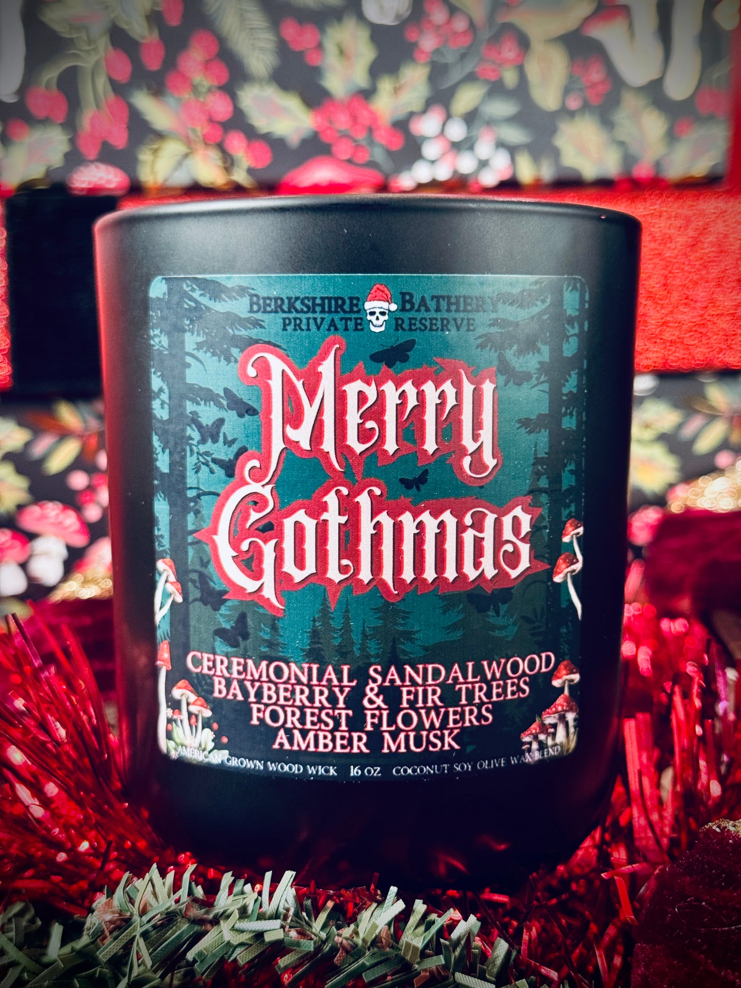 merry gothmas gothic goth christmas spooky christmas dark holiday candle wood wick mushrooms red mushrooms 