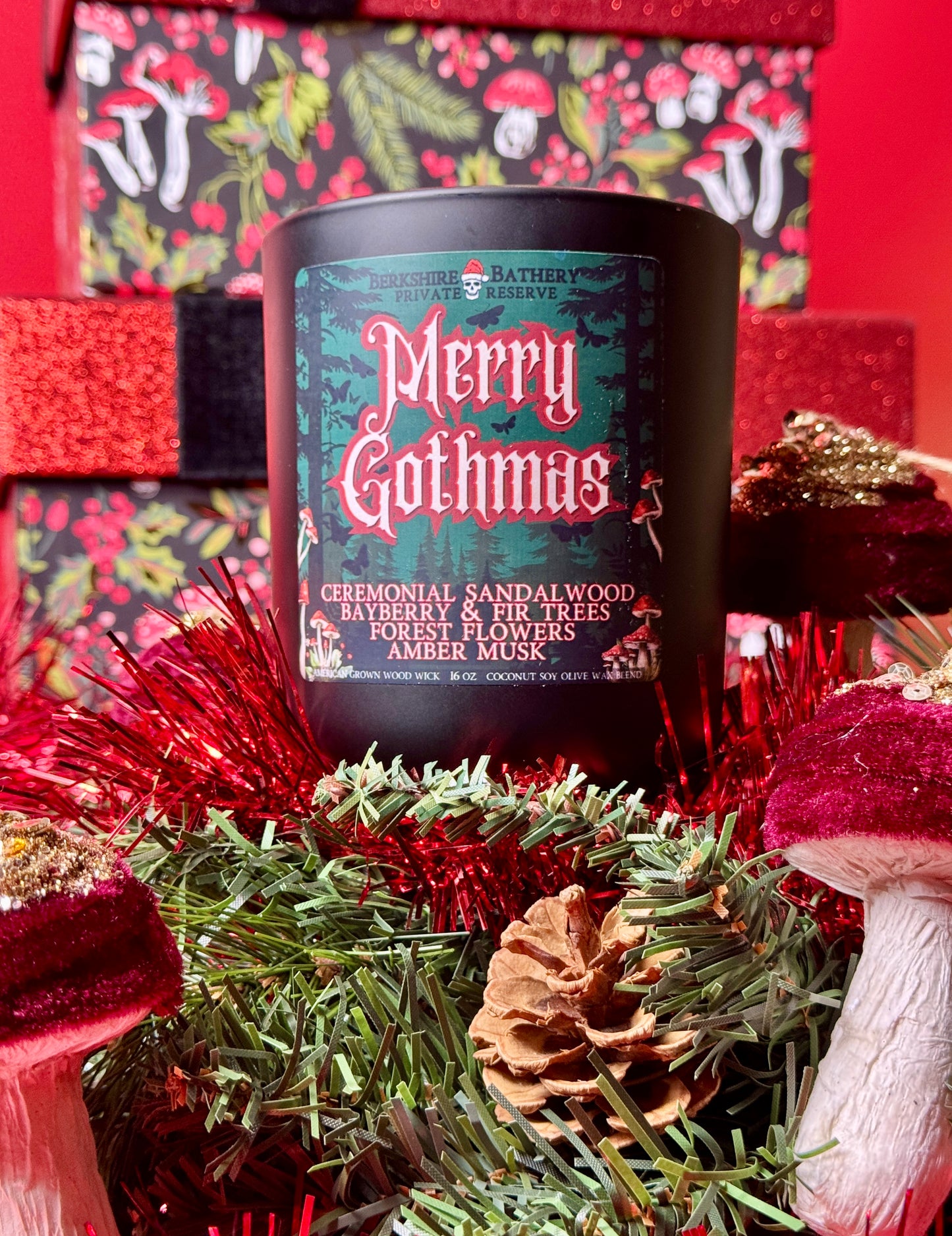 merry gothmas gothic goth christmas spooky christmas dark holiday candle wood wick mushrooms red mushrooms 