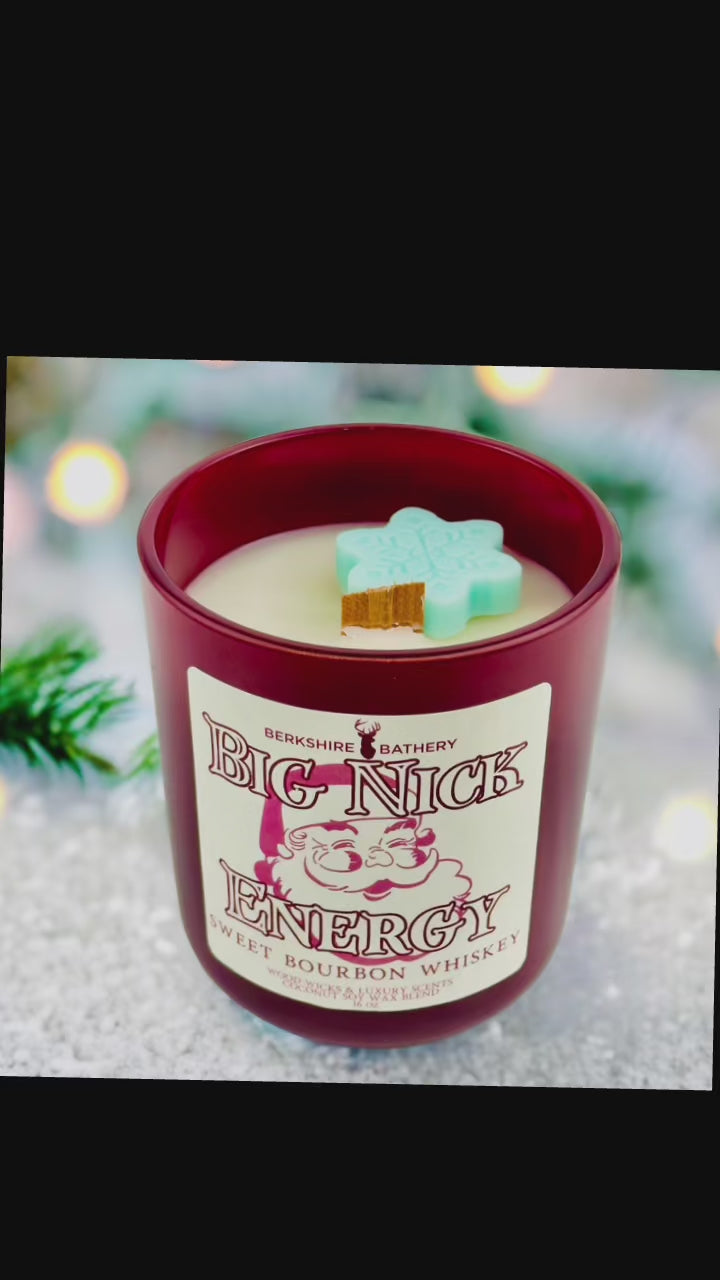 Load and play video in Gallery viewer, Christmas pun dad jokes bacon candle big nick energy holiday joke candle dad gifts wood wick candle whiskey candle scented 
