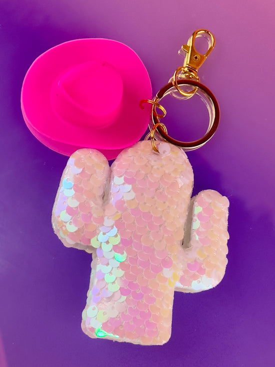 YEEHAW | Sequin Cactus + Pink Cowboy Hat Charm Keychain - PICK YOUR COLOR