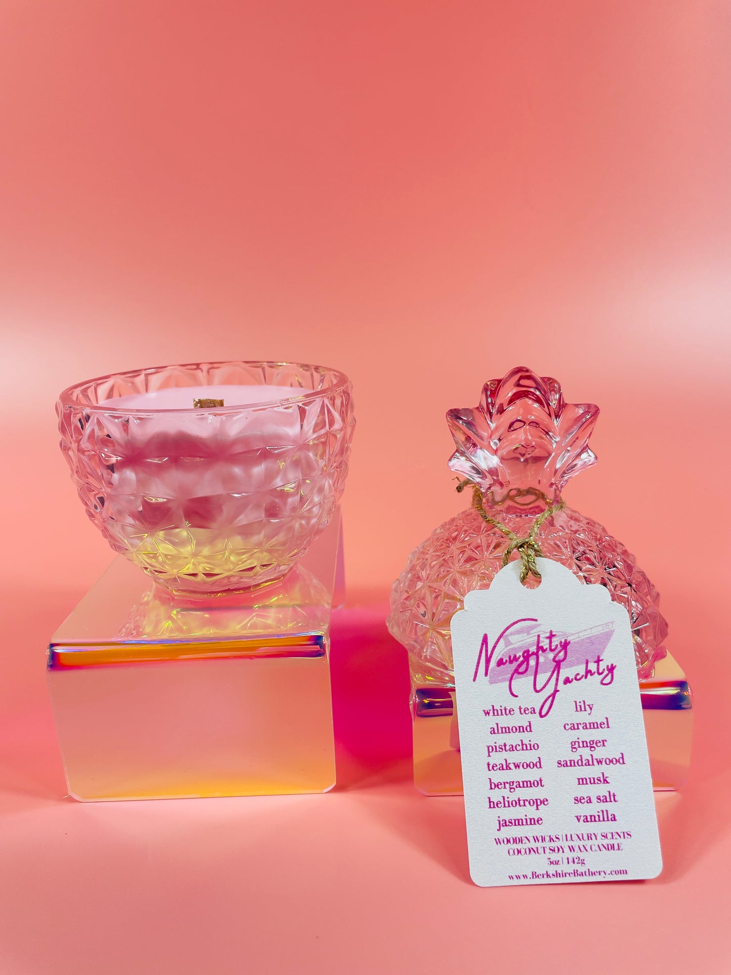 Load image into Gallery viewer, NAUGHTY YACHTY - Pink Glass Pineapple | 5oz Two Piece Wood Wick Candle
