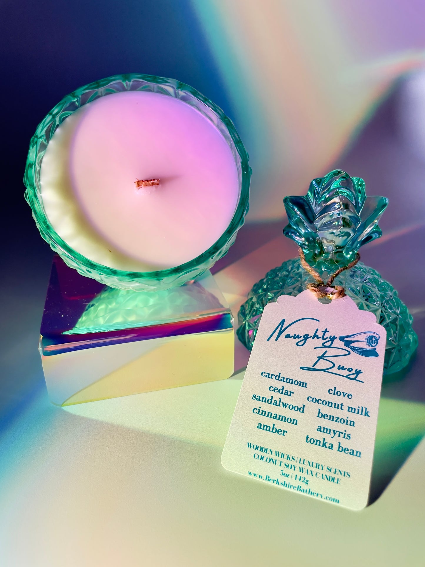 NAUGHTY BUOY - Turquoise Glass Pineapple | 5oz Two Piece Wood Wick Candle